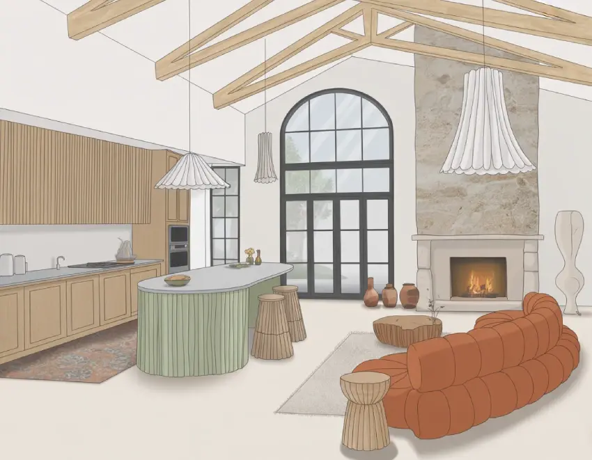 Sketch-style interior concept of the same open-plan kitchen and living space, showing layout, materials, and furniture composition.