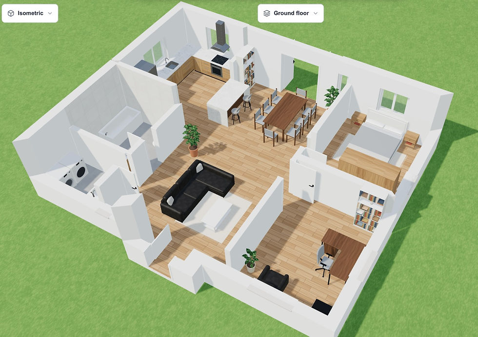 Isometric 3D floor plan of a furnished home, showing the living room, kitchen, dining area, bedroom, bathroom, and home office.