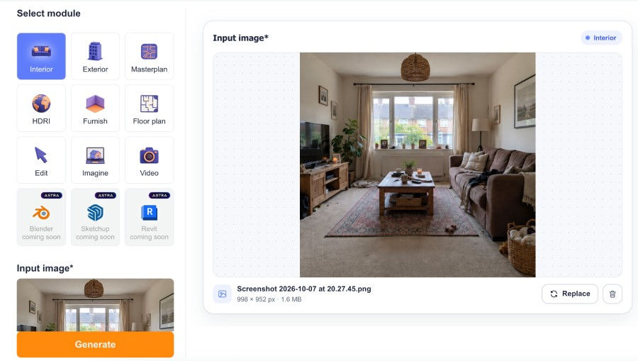 Interfaccia del modulo Interior di ArchiVinci con una foto di un soggiorno caricata come immagine di input per la riprogettazione con l’AI.