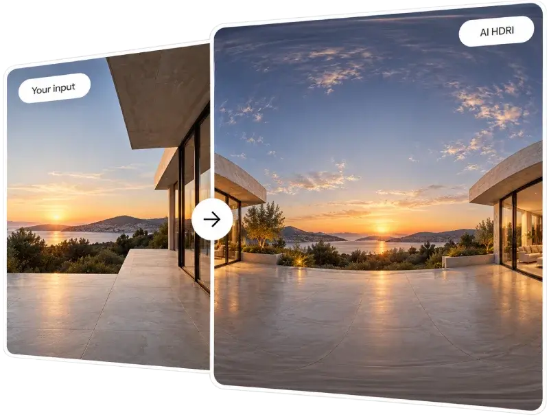 Imagen arquitectónica transformada con IA en un panorama esférico 360° tipo HDRI, mostrando una terraza moderna con vistas al mar y luz de atardecer.