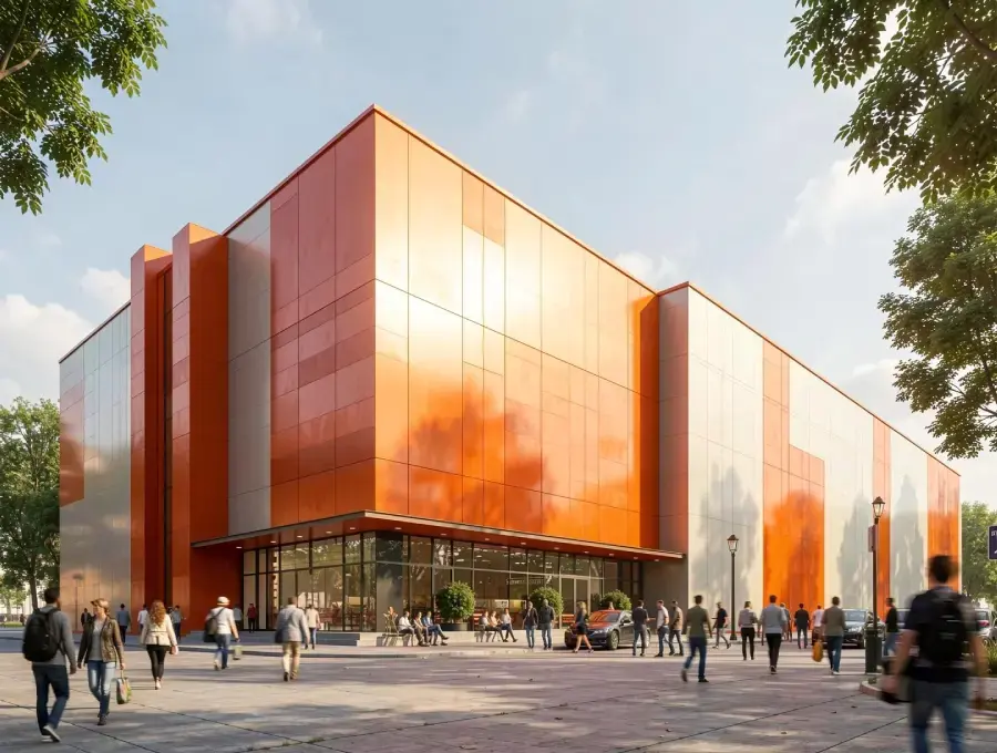 Contemporary commercial building with a bold orange facade, surrounded by pedestrians in an urban public space.