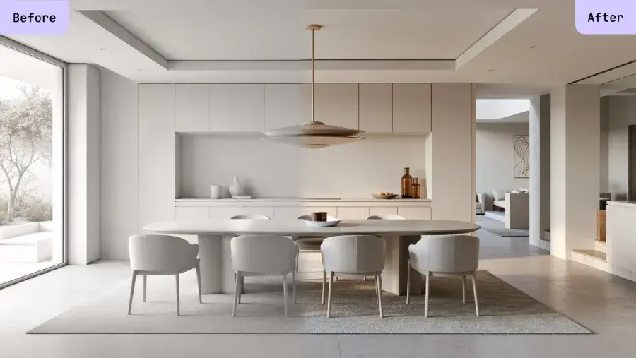Visualizzazione prima e dopo di una sala da pranzo che mostra un interno concettuale trasformato in uno spazio minimalista e realistico con un grande tavolo da pranzo, sedie imbottite, arredi integrati e una lampada a sospensione scultorea.