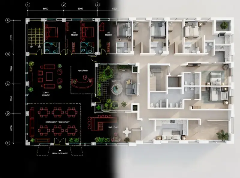 Comparación entre un plano de planta de AutoCAD y su versión renderizada y amueblada con materiales, vegetación y detalles interiores.