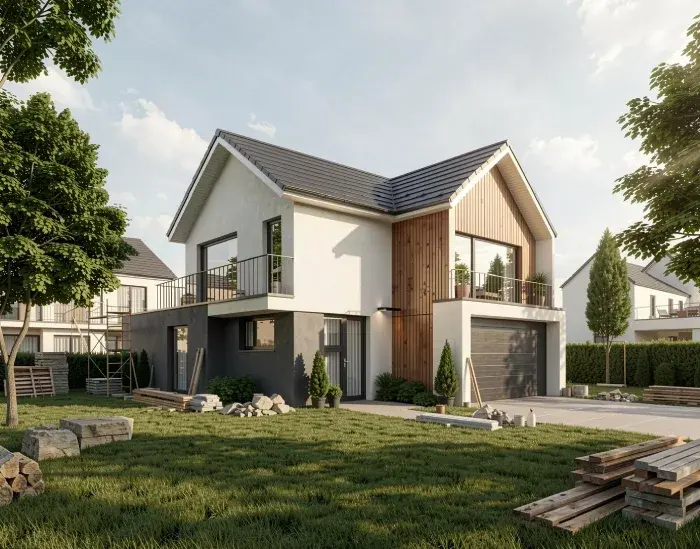 Photorealistic AI render of a modern two-story house exterior with minimal landscaping, showing an early-stage outdoor setup.