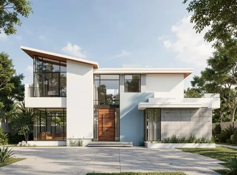 Modern minimalist villa exterior with clean white volumes, large glass openings, and landscaped surroundings.