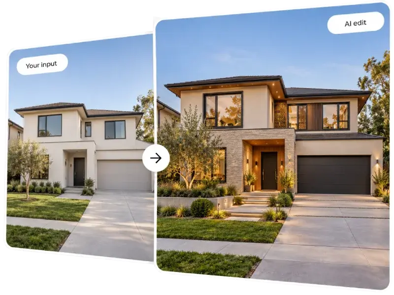 Confronto prima e dopo di una casa moderna, che mostra come l’editor di immagini AI modifica materiali, illuminazione e dettagli esterni preservando la struttura originale.