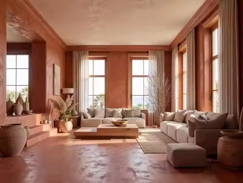 Soggiorno nei toni terracotta con divani neutri, mobili in legno caldo, ampie finestre e dettagli decorativi naturali.