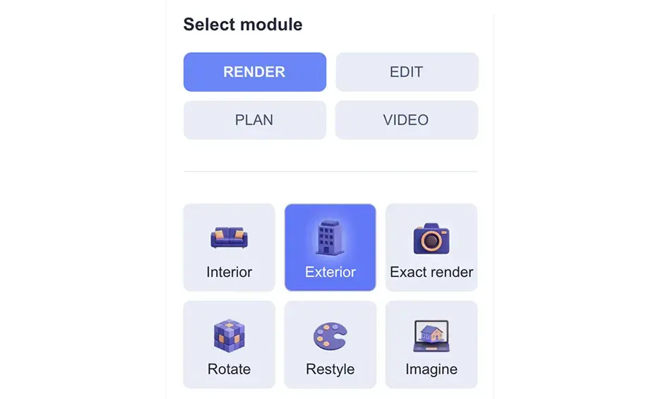 ArchiVinci module selection interface showing Render selected, with Exterior highlighted among Interior, Exact Render, Rotate, Restyle, and Imagine options.