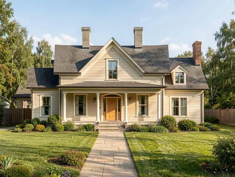 Classic farmhouse front elevation with a gabled porch, cream siding, and a landscaped front yard.