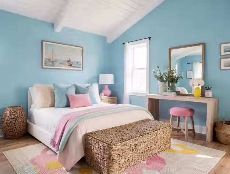 Camera da letto costiera luminosa con pareti azzurro chiaro, dettagli rosa pastello e verde menta, arredi intrecciati e finiture in legno naturale.