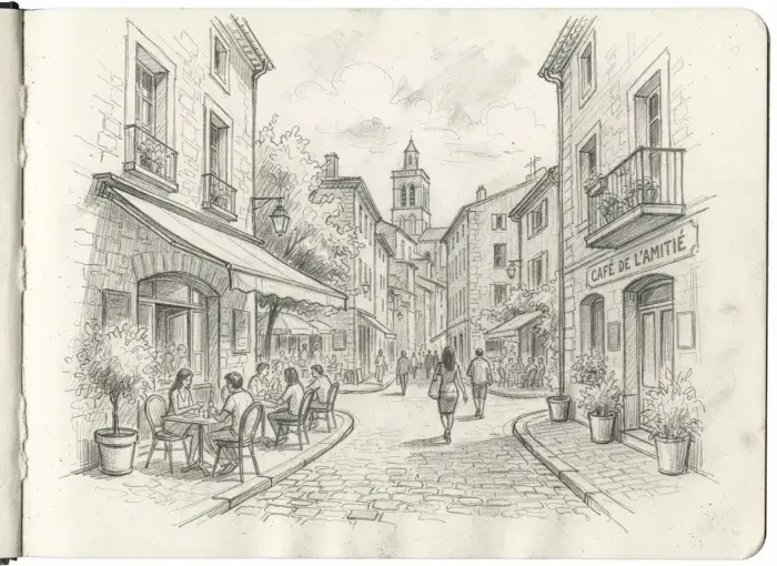 Schizzo dettagliato a matita di una strada europea acciottolata con caffè, edifici storici, pedoni e alberi, realizzato con ombreggiature morbide e linee prospettiche in stile taccuino da disegno.