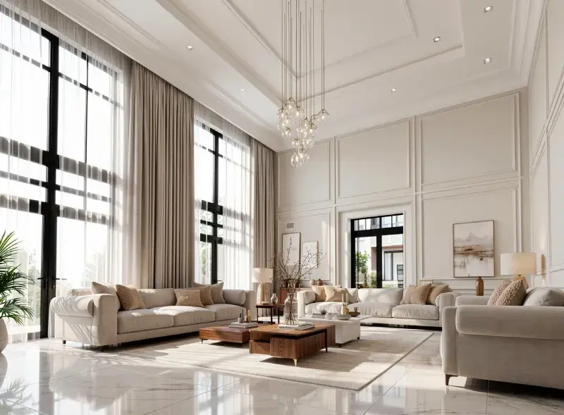Luxury modern living room interior with high ceilings, large windows, neutral sofas, and elegant chandelier lighting.