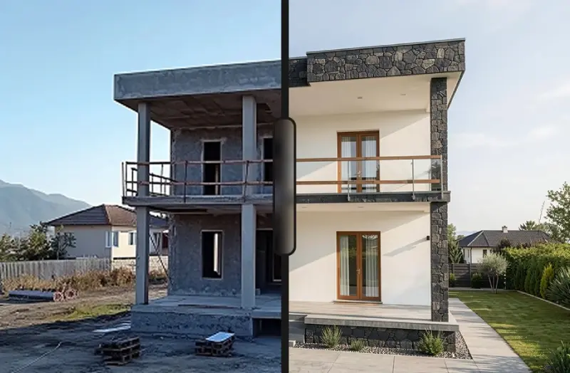 Unfinished house exterior transformed into a realistic modern facade render with stone cladding and landscaping