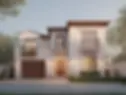 Elegant Mediterranean-style villa with white stucco walls, arched wooden entry door, wrought-iron balconies, warm exterior lighting, and a paved driveway surrounded by greenery at dusk.