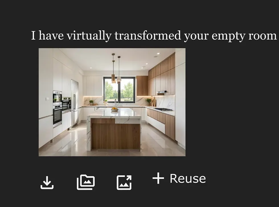 Dark interface showing a virtual staging result titled "I have virtually transformed your empty room." A preview image displays a modern kitchen with white cabinetry, warm wood finishes, a central island, and large windows. Below the preview are download, gallery, and "Reuse" action buttons.