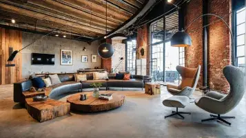 Industrial Forge loft-style interior render created with ArchiVinci AI Interior Design, showcasing exposed brick walls, steel beams, leather seating, and industrial pendant lighting.