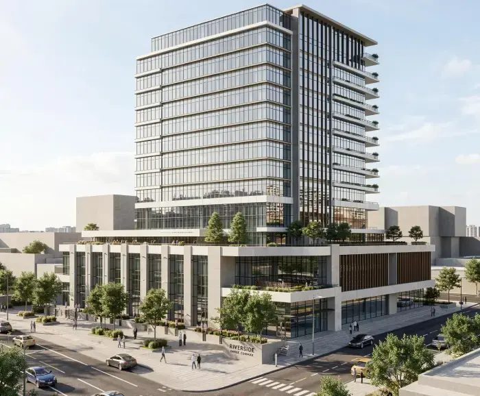 Photorealistic architectural render of a large mixed-use building with a glass tower, podium, terraces, and urban streetscape.