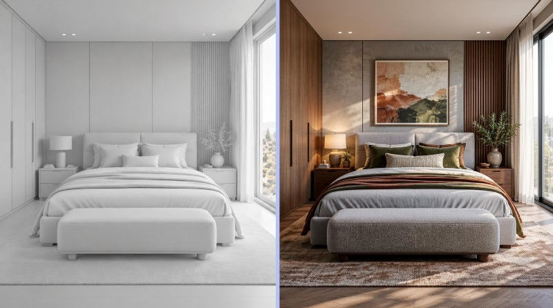 Prima e dopo di una camera da letto progettata con IA, con un modello 3D bianco trasformato in una camera moderna, calda e fotorealistica.