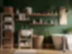 Modern farmhouse bathroom with green walls, wooden shelving, freestanding bathtub, woven baskets, indoor plants, and warm natural light