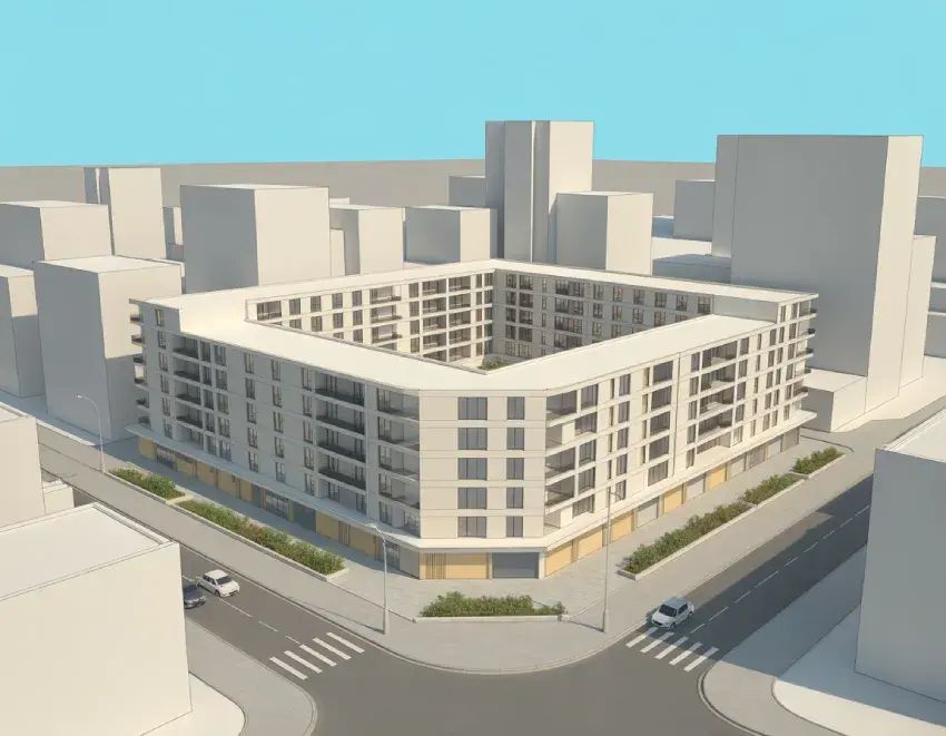 3D massing model of a modern midrise courtyard apartment building with surrounding urban blocks.