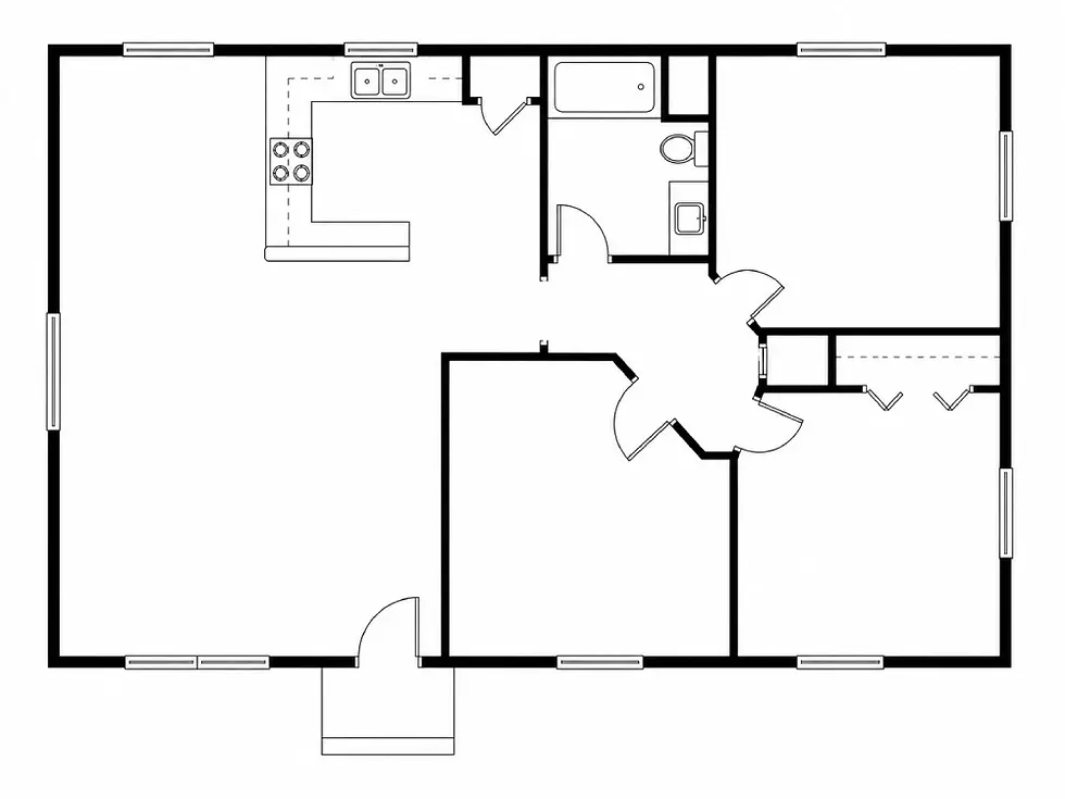 Empty 2D apartment floor plan showing room layout, kitchen, bathroom, bedrooms, doors, windows, and interior walls in black and white.