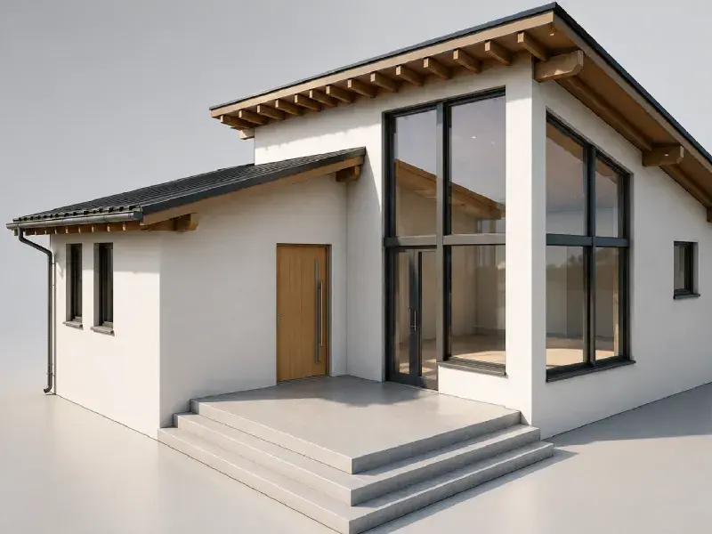 Render architettonico KeyShot di una casa moderna a un piano con tetti inclinati, ampie vetrate angolari, gradini d’ingresso, dettagli in legno e finitura esterna neutra.