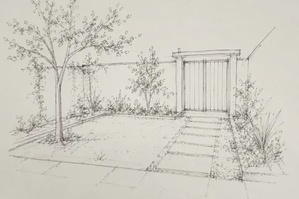 Simple hand-drawn garden concept sketch showing a minimalist residential landscape layout with a central lawn, stepping-stone path, feature tree, planting beds, and a boundary gate, created with loose pencil lines and minimal architectural detail.