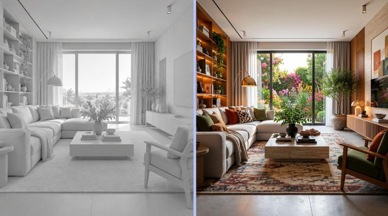 Prima e dopo di un soggiorno progettato con IA, con un modello 3D bianco trasformato in uno spazio contemporaneo, colorato e fotorealistico.