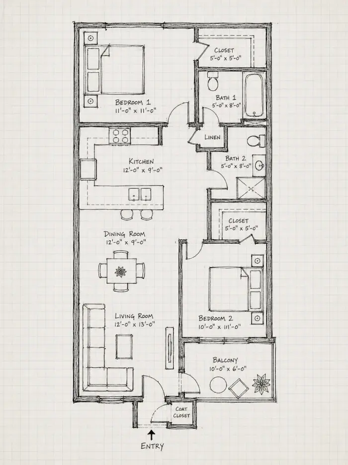 Hand-drawn vertical apartment floor plan on graph paper with two bedrooms, two bathrooms, a kitchen, dining room, living room, closets, and a balcony.