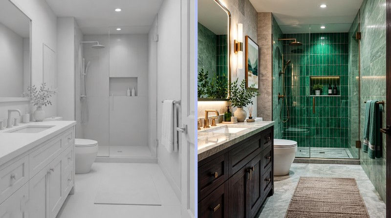 Prima e dopo di un bagno progettato con IA, con un modello 3D bianco trasformato in un bagno moderno con piastrelle verdi e mobili in legno scuro.