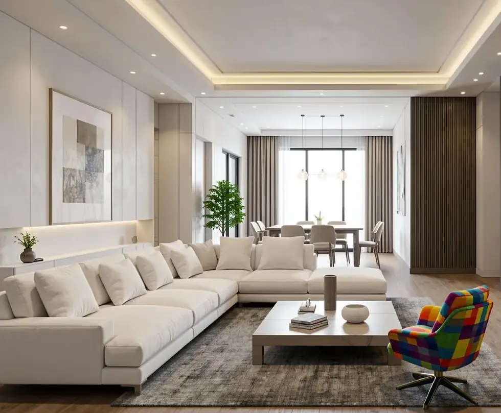 Photorealistic modern living room render with a large sectional sofa, dining area, warm lighting, and minimalist finishes.