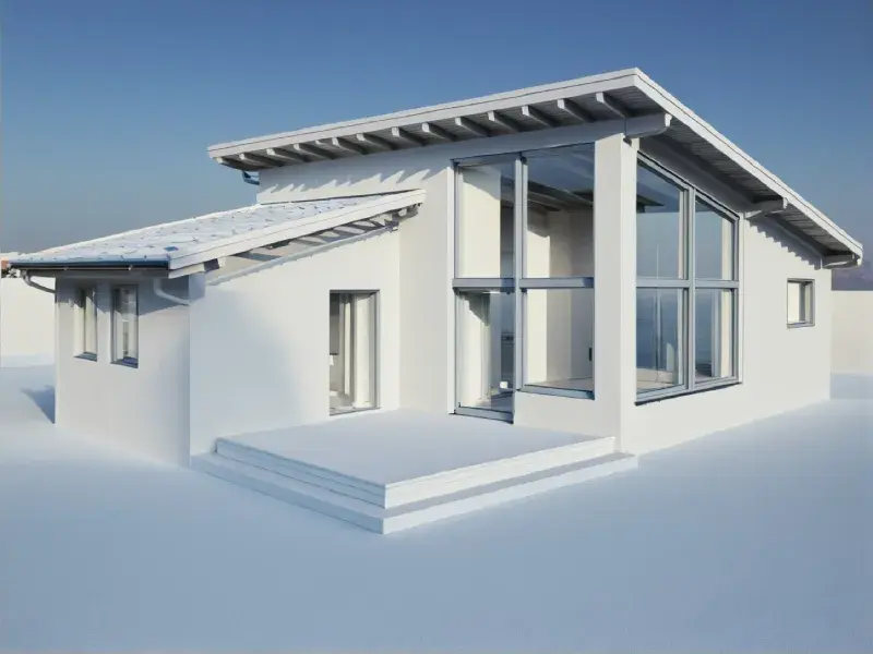 Modello architettonico in 3ds Max di una casa moderna a un piano con tetti inclinati, ampie vetrate angolari, gradini d’ingresso e un esterno bianco minimalista.