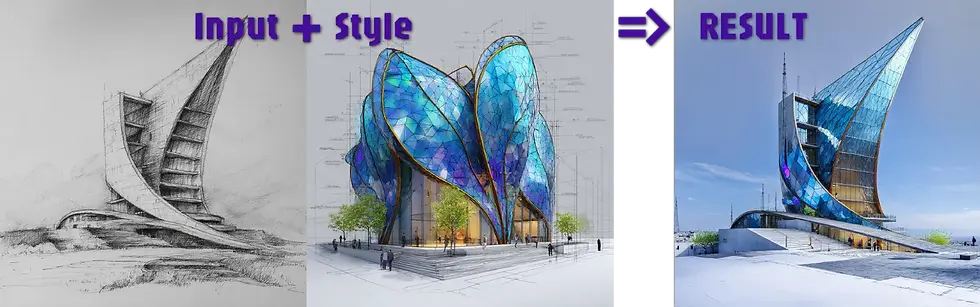 Esempio di trasferimento di stile architettonico AI che mostra uno schizzo a mano trasformato con uno stile a facciata in vetro colorato e finalizzato come edificio moderno fotorealistico.