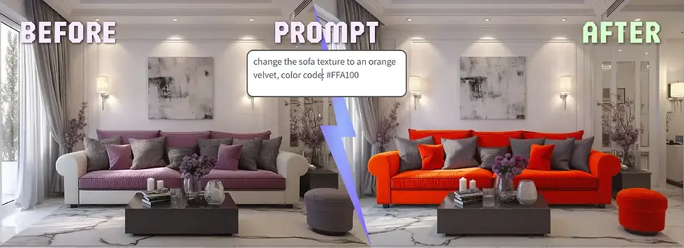 AI Modify Room Generator changes sofa texture to orange velvet in interior design.