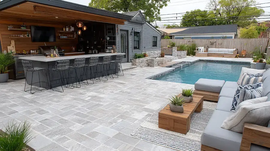 Modern backyard patio with outdoor bar, bar seating, swimming pool, gray sectional sofa, paver flooring, and landscaped planters in a stylish open-air layout.