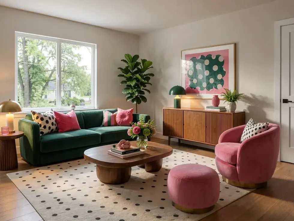 Modern living room furnished with an emerald green sofa, pink armchair and ottoman, dark wood furniture, polka-dot textiles, and colorful decorative accents.