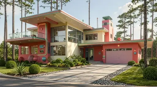 Retro futurist house with bold coral and green exterior, rounded windows, glass balcony, pink garage door, and landscaped driveway.