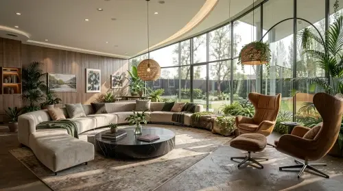 Nature inspired living room with a neutral sectional sofa, indoor plants, leather lounge chairs, woven pendant lights, dark coffee table, and floor to ceiling windows overlooking greenery.