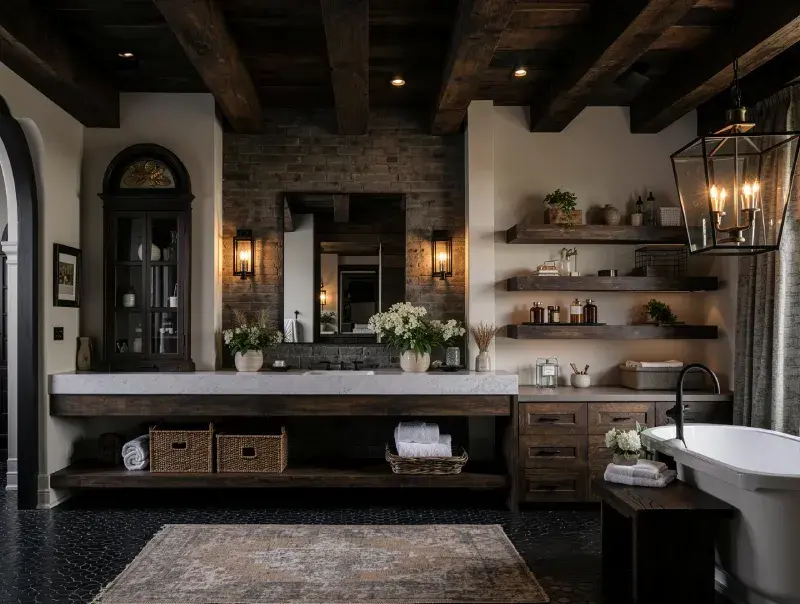 Moody farmhouse bathroom with dark wood beams, brick wall, freestanding bathtub, open shelves, and warm ambient lighting