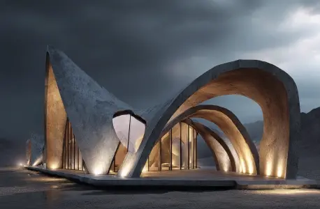 Futuristic architectural structure with flowing concrete curves illuminated against a dramatic cloudy sky.