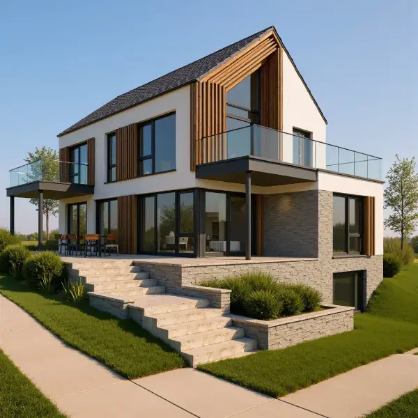AI Render Enhancer, one of ArchiVinci’s AI rendering tools, refining a photorealistic render of a modern residential house with sharper details, lighting, and textures.