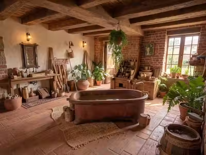 Bagno rustico in stile farmhouse moderno con vasca freestanding color terracotta, pareti in mattoni a vista, travi in legno, arredi in legno naturale e numerose piante.