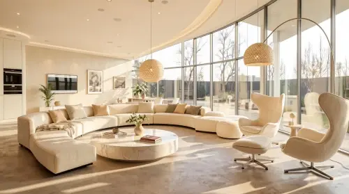 Soft cream living room with a white sectional sofa, marble coffee table, neutral lounge chairs, woven pendant lights, polished concrete flooring, and bright curved floor to ceiling windows.