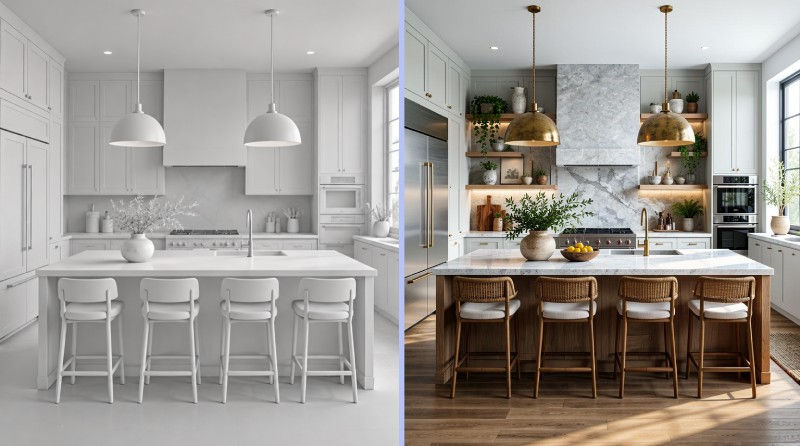 Prima e dopo di una cucina progettata con IA, con un modello 3D bianco trasformato in una cucina luminosa e fotorealistica con finiture in marmo e legno.