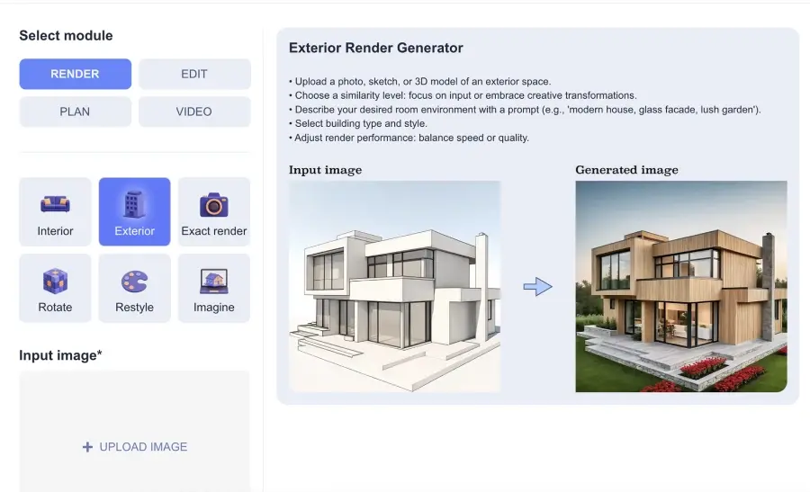 ArchiVinci AI rendering interface showing the Exterior Render Generator, where a sketch of a modern house is transformed into a photorealistic exterior render.