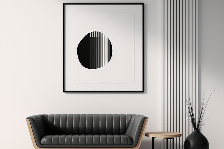 Rendering 3D di un soggiorno minimalista con divano nero capitonné sotto un'opera astratta circolare incorniciata