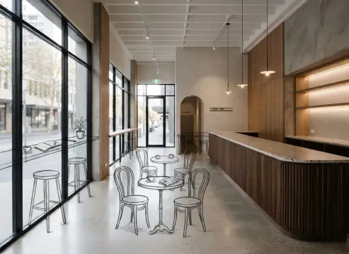 Interno fotorealistico di un moderno caffè con arredi sovrapposti in stile disegno lineare a mano, tra cui tavoli, sedie, sgabelli e accessori decorativi dall’aspetto abbozzato, integrati nello spazio reale.