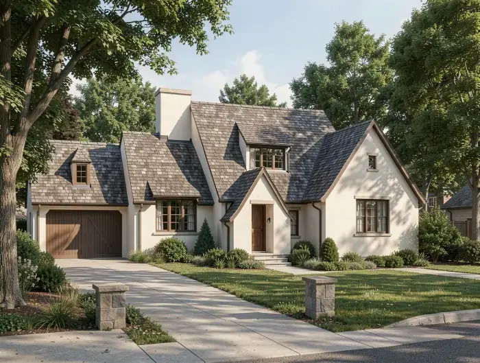 French country cottage with a steep roof, dormer windows, stucco exterior, and an attached garage.