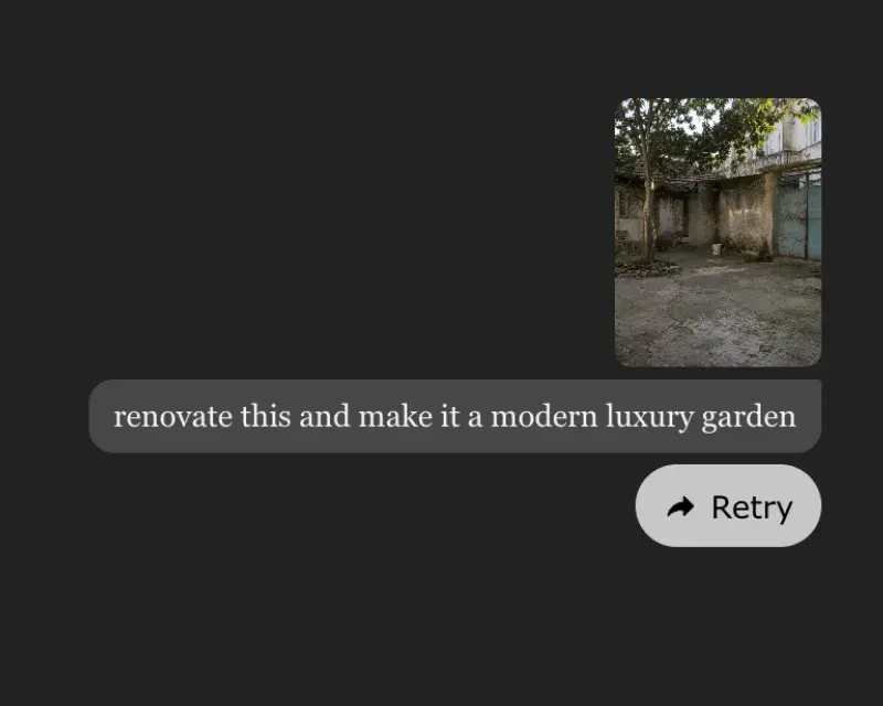 AI architecture image editing interface showing an uploaded courtyard photo with the prompt, "renovate this and make it a modern luxury garden," demonstrating a natural language workflow for AI-powered landscape renovation.