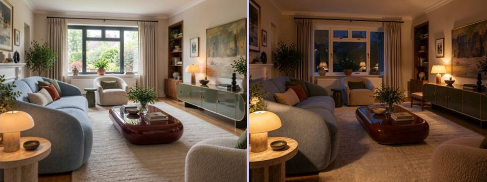 Trasformazione giorno-notte con IA dello stesso soggiorno moderno, mostrato con luce naturale e una calda illuminazione serale.